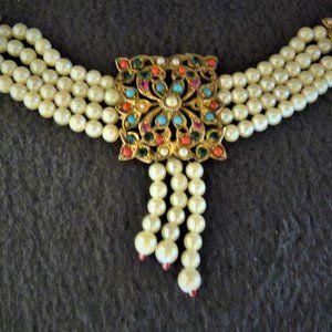 Collar Necklace with 4 strands of pearls & GOLD PLATED PENDENT.